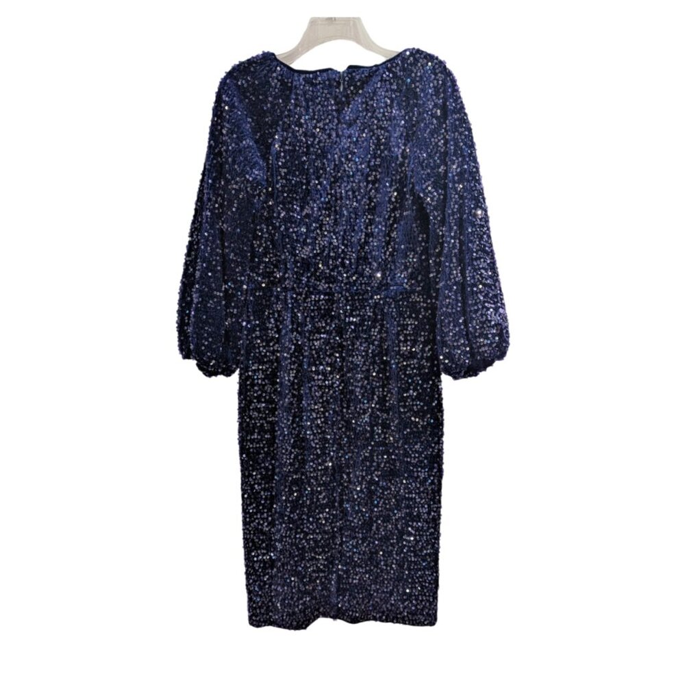 ELIE TAHARI Nwt The Robin Sequin Dress 8 Midnight Blue Blouson Sleeve Midi - Picture 5 of 12